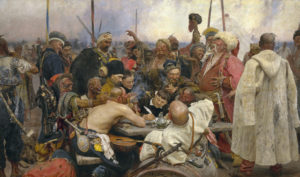 The Zaparozhye Cossacks Writing a Mocking Letter to the Turkish Sultan *oil on canvas *358 × 203 cm *signed b.c.: И.Репин 1880-91